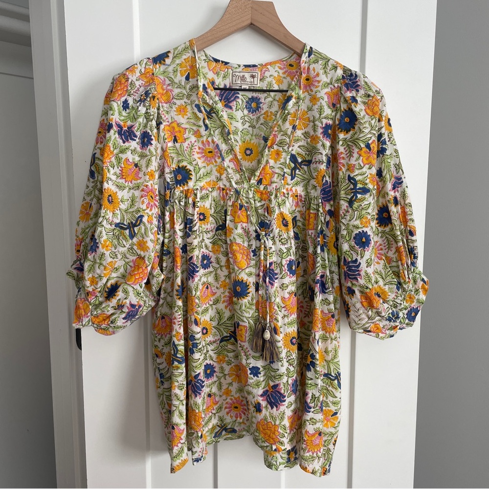 Mille Thalia Floral Puff Sleeve Blouse Top in Wildflower Size XS